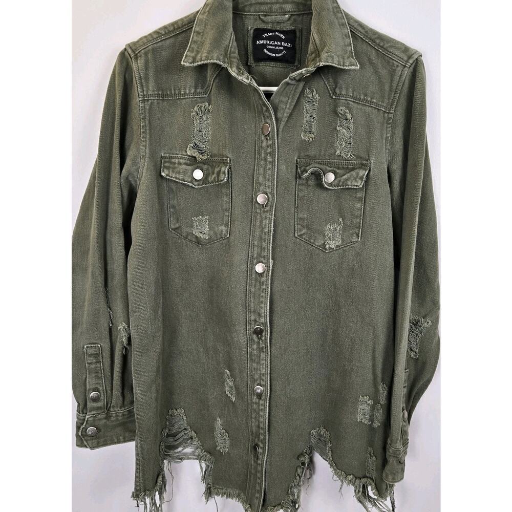 American Bazi Womens Thrashed Distressed Denim Trucker Shirt Green Grunge SMALL